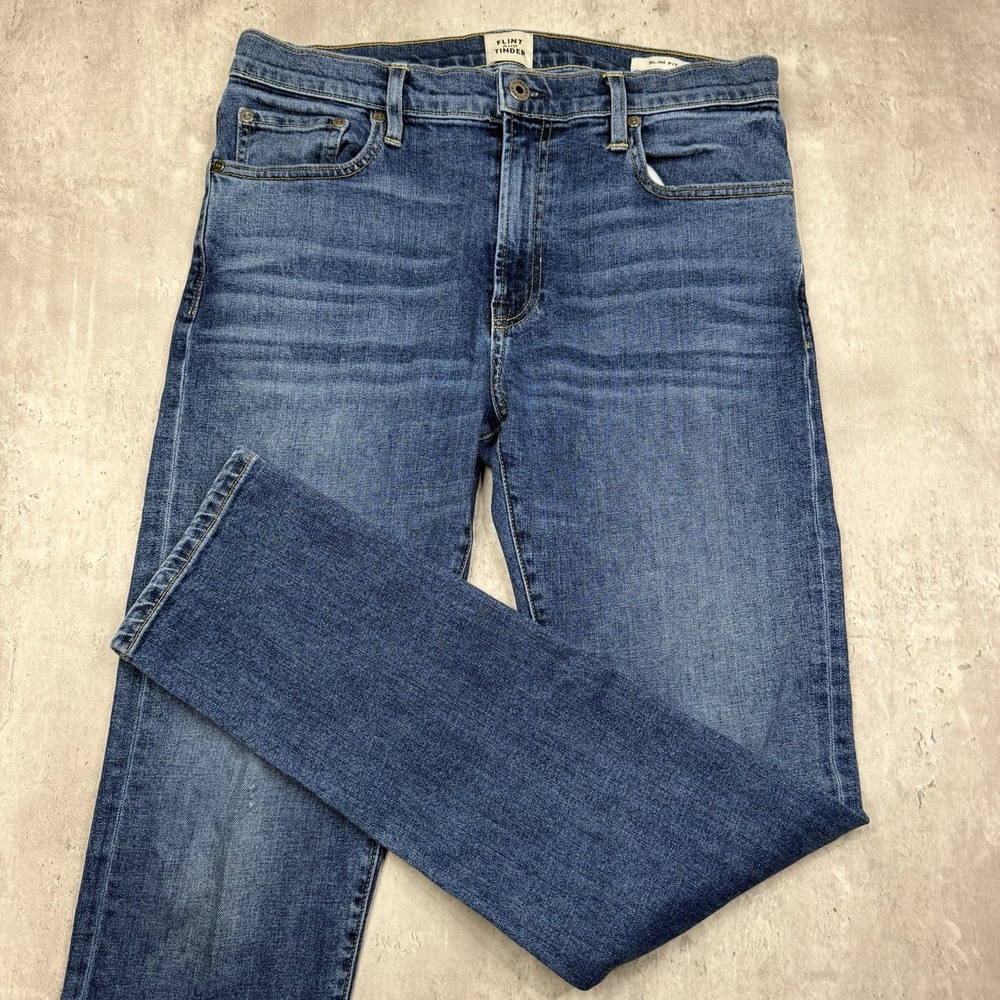 Flint and Tinder Mens Slim Fit Jeans Medium Wash Blue Denim 32x32 Made In USA